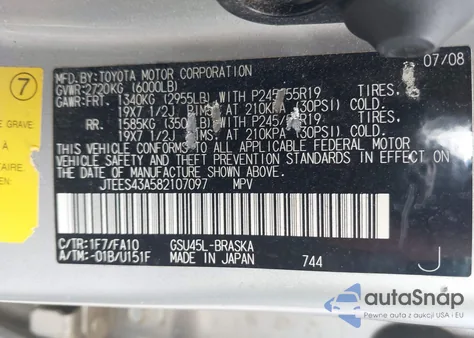 2008 Toyota Highlander Sport z USA, uszkodzony, nr VIN JTEES43A582107097